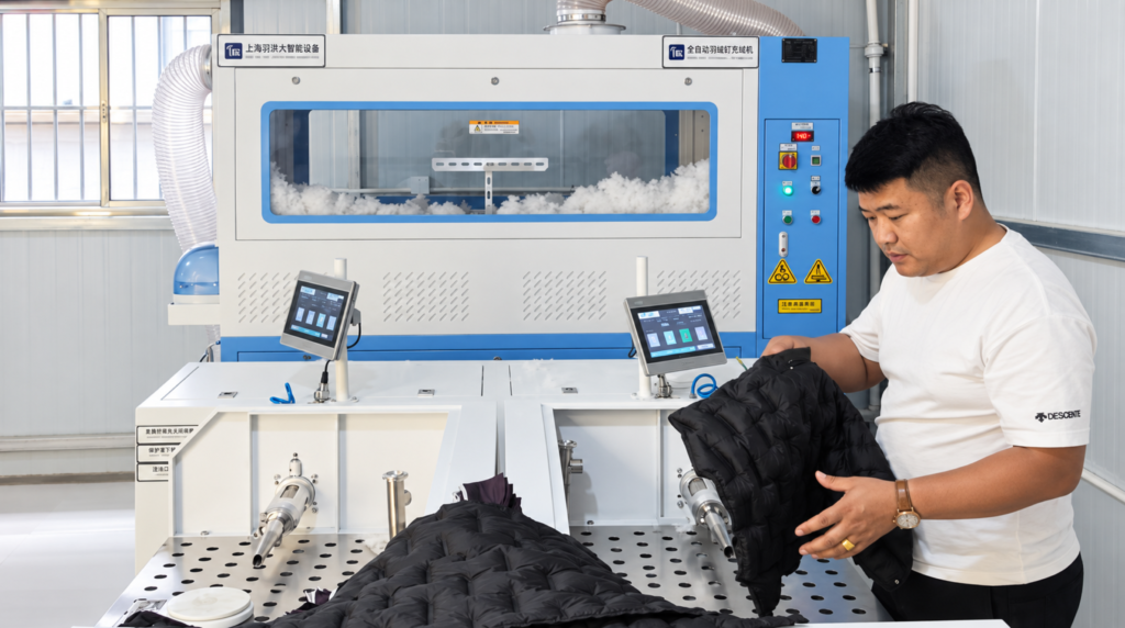 fuda 8t6d filling machine with two operators handling puffer jacket panels at a factory in china